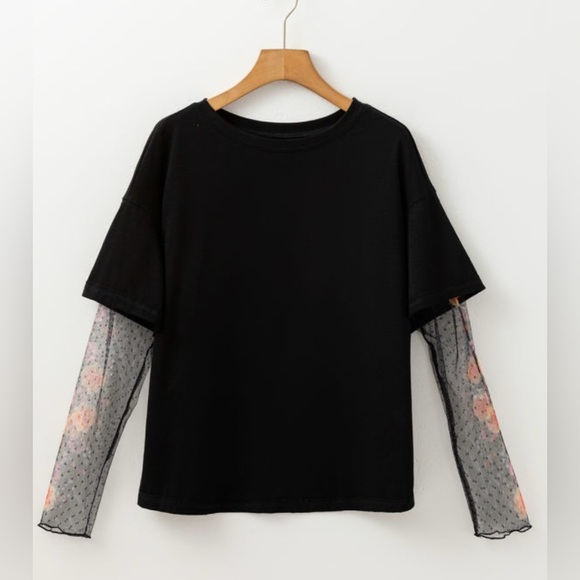 Floral Mesh Sleeve Black Top - Picture 3 of 6